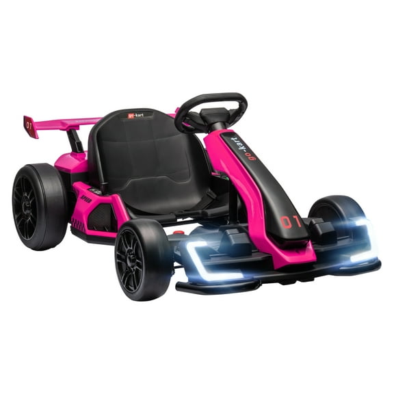 Aosom 24V 7.5 MPH Electric Go Kart with Adjustable Seat, Drifting Car Battery Powered Ride on Toy Outdoor with Slow Start, Button Start, Music, Honking Horn, Lights, for 6-12 Years Old, Pink