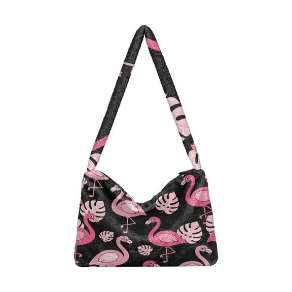 DIXRUYEE Flamingo Print Plush Shoulder Bag Soft Faux Fluffy Hobo Tote Bag With Zipper Closure Casual Lightweight Crossbody Handbag