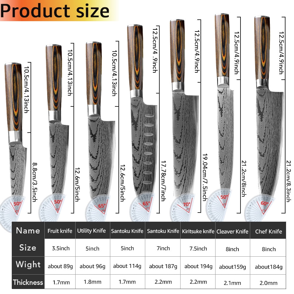 7-Piece Chef Knivse Set Damascus Laser Blade, Japanese High Carbon Steel Kitchen Knife with Blade Guard, Cleaver, Santoku, Bread, Utility Knife,Paring Knife