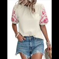 thumbnail image 2 of Blusas Texturizadas con Bordado Floral para Mujer, Cuello Redondo, Corta Abullonada, Informales, Holgadas, Lisas, Color Albaricoque XXL, 2 of 10