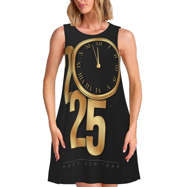 Fotbe 2025 Happy New Year Vestido de Verano sin Mangas para Mujer – Vestido Midi Línea A, Estilo Camiseta Floral, Vestido Playero Casual y Fluido