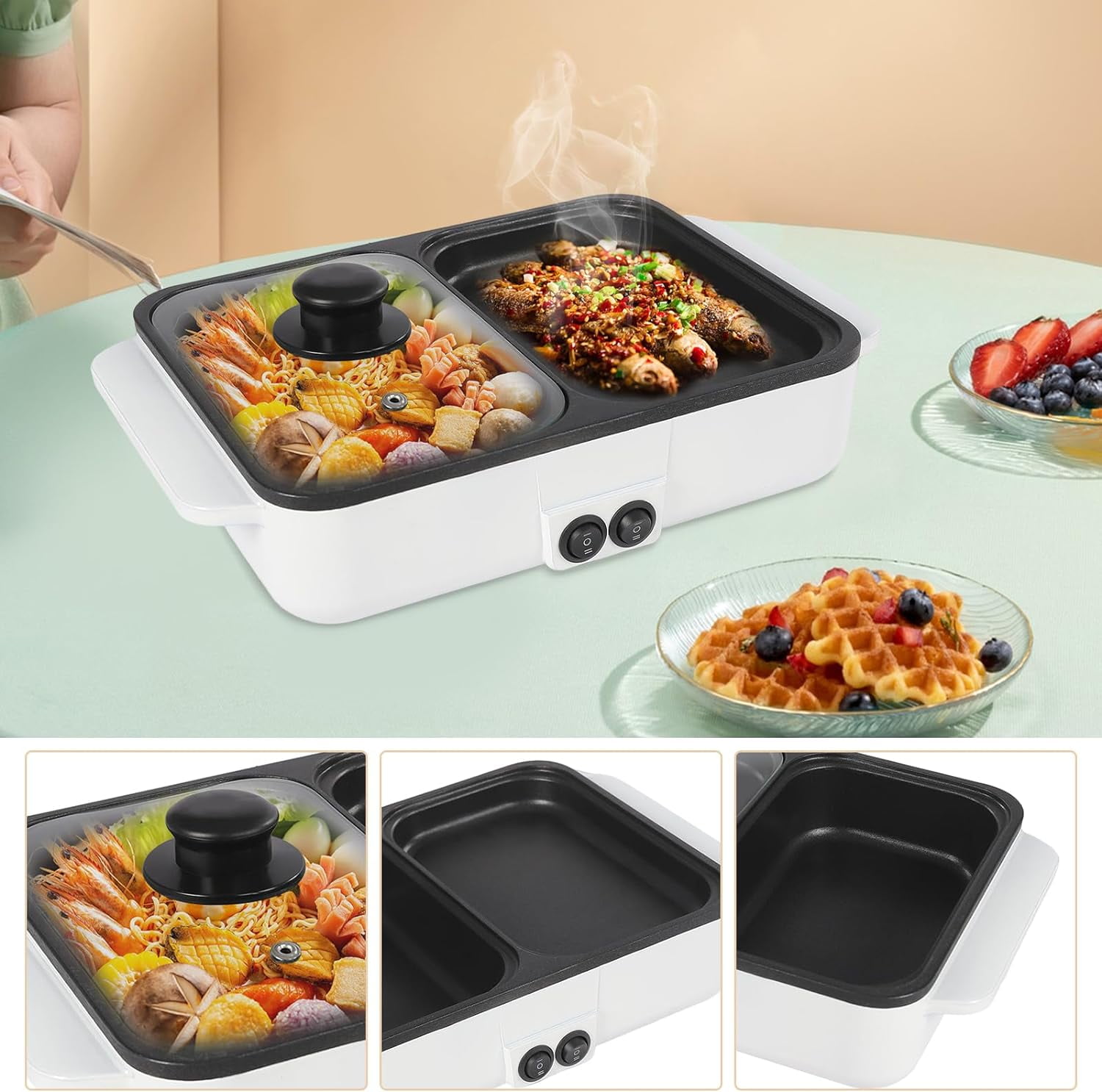 Gigicial Hot Pot Electric with Grill, 2 in1 Indoor Non-Stick Shabu Shabu Pot & Frying Pan, Portable Mini Hot Pot BBQ, Individual Dual Temperature Control,White