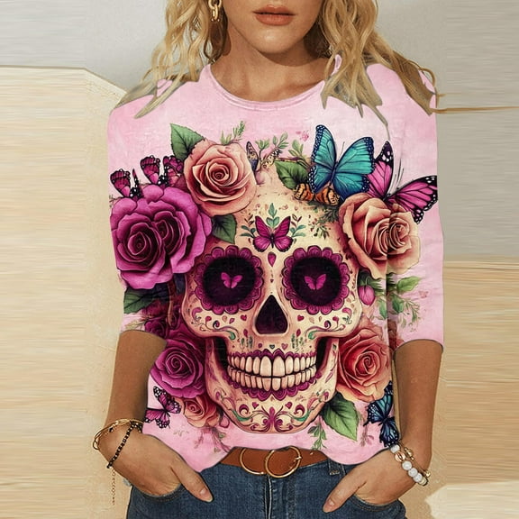 Hueook Plaid Shirts for Women Shirts Ladies' Day Of The Dead Printed Round Neck Three Quarter Sleeve 3/4 Sleeve T-shirt Loose Top Long Sleeved Round Neck Top/shirt Multicolor 4X