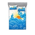 thumbnail image 2 of Abstract Bedding Set with Sheet & Covers, Curved Ocean Waves with Sun Rising with Vibrant Sharp Rays Seascape Art, Printed Bedroom Decor 2 Shams, 4 Sizes, Blue Yellow Orange, by Ambesonne, 2 of 3