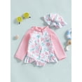 thumbnail image 5 of Michellecmm Toddler Girls Rash Guard Swimsuit Rompers Long Sleeve Floral Print Baby Ruffle Bathing Suit Swimwear with Swim Cap, 5 of 9