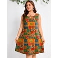 thumbnail image 4 of SHOWMALL Women's Plus Size Sleeveless Dress, A-Line Summer Dress with Pockets, Boho Folk Patchwork Print 4X Keyhole Neck Pleated Casual Shift Dress for Beach Vacation, 4 of 5