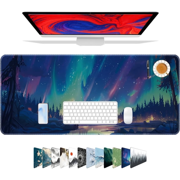 Mouse Pad for Gaming,Aurora Background Pattern XXL XL Large Mouse Mat Long Extended Mousepad Desk Mat Non-Slip Rubber Mice Pads Stitched Edges Thin (31.5 x 11.8 x 0.12 Inches)