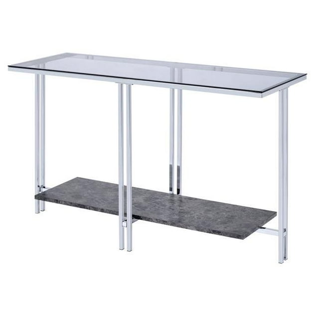 Benzara BM204499 Table de Canapé en Métal avec Dessus en Verre et Étagère Inférieure en Marbre, Argent & Transparent