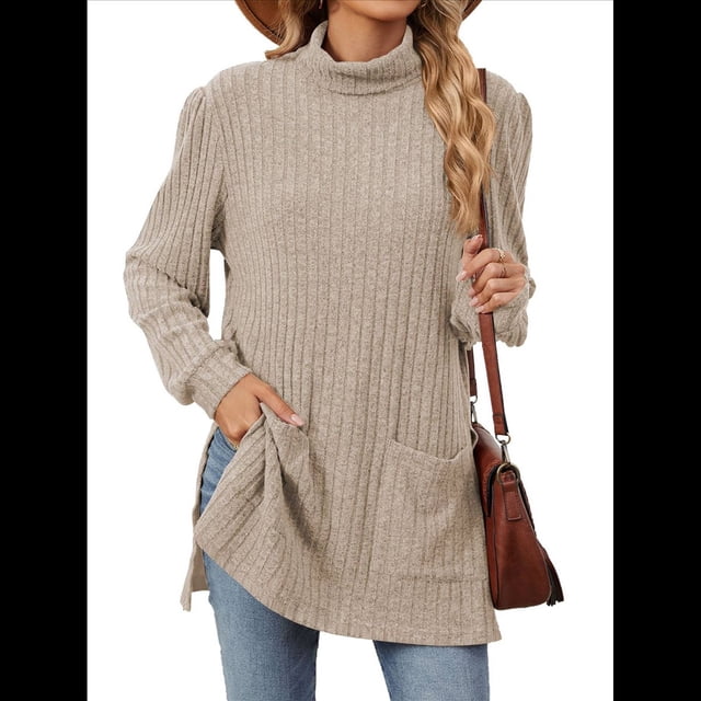 Camisas de Larga para Mujer, Blusas Túnica Casuales de Cuello Alto Caqui XL