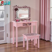 Tcbosik Pink Vanity Table Set in Zebra Pattern, Cute Cartoon Makeup Table with Lighted Mirror and Stool, Touch Sensor LED, Drawer Storage, Bedroom Furniture