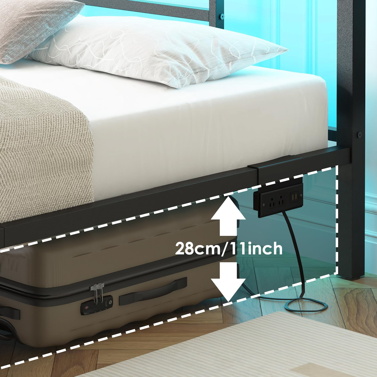 Fairy Full Size Bed Frame with Charging Station, Metal Frame with Power Outlet & Port, Black