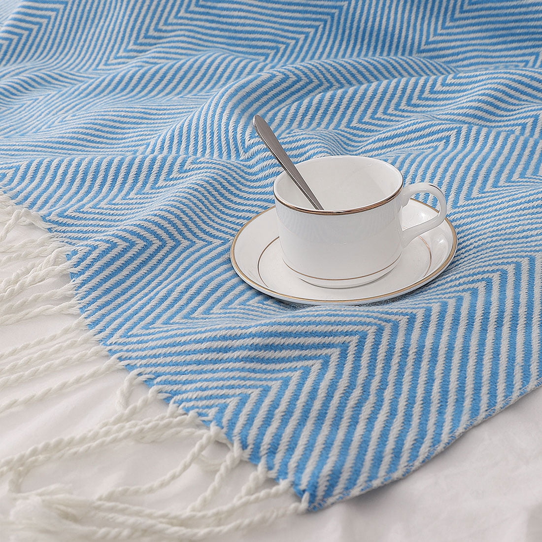 Decorative Throw Blanket with Fringe for Bed Sofa, 51" x 67", Blue