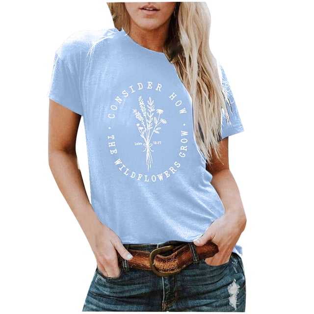 TSADFHJI Hauts pour Femmes Automne Col Rond Été Mode Décontracté Manches Courtes avec Petites Fleurs Imprimé T-Shirt en Coton Coloré TTTG Bleu