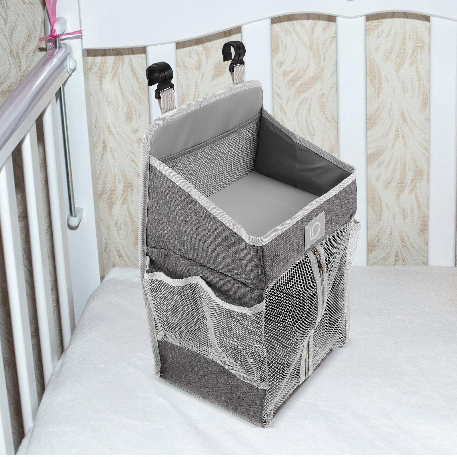 TEHAUX Baby Bedside Storage Bag Dark Grey Polyester Organizer for Nursery and Home, 1 Pack, Multi-Pocket Design