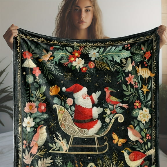 250-300g 1pc Soft Cozy Flannel Throw Blanket, Vintage Dark Green Santa Sleigh with Birds and Floral Print, Polyester Cover, Knitted Fabric, All-Season Gift for Sofa, Bed, Car, Office, Camping