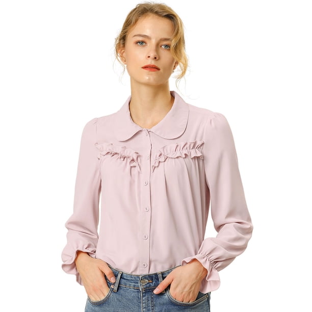 Blusa Allegra K con Botones Manga larga puño Elástico Detalle de Volantes Rosa XL