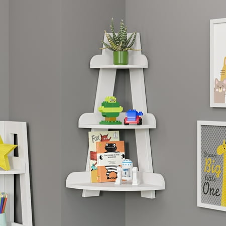 RiverRidge Kids 3-Tier Corner Ladder Shelf Wall Display Stand for Playrooms - White