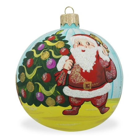 Glass Santa Christmas Tree - Santa by Christmas Tree with Gifts Glass Ball Christmas Ornament 3.25 Inches