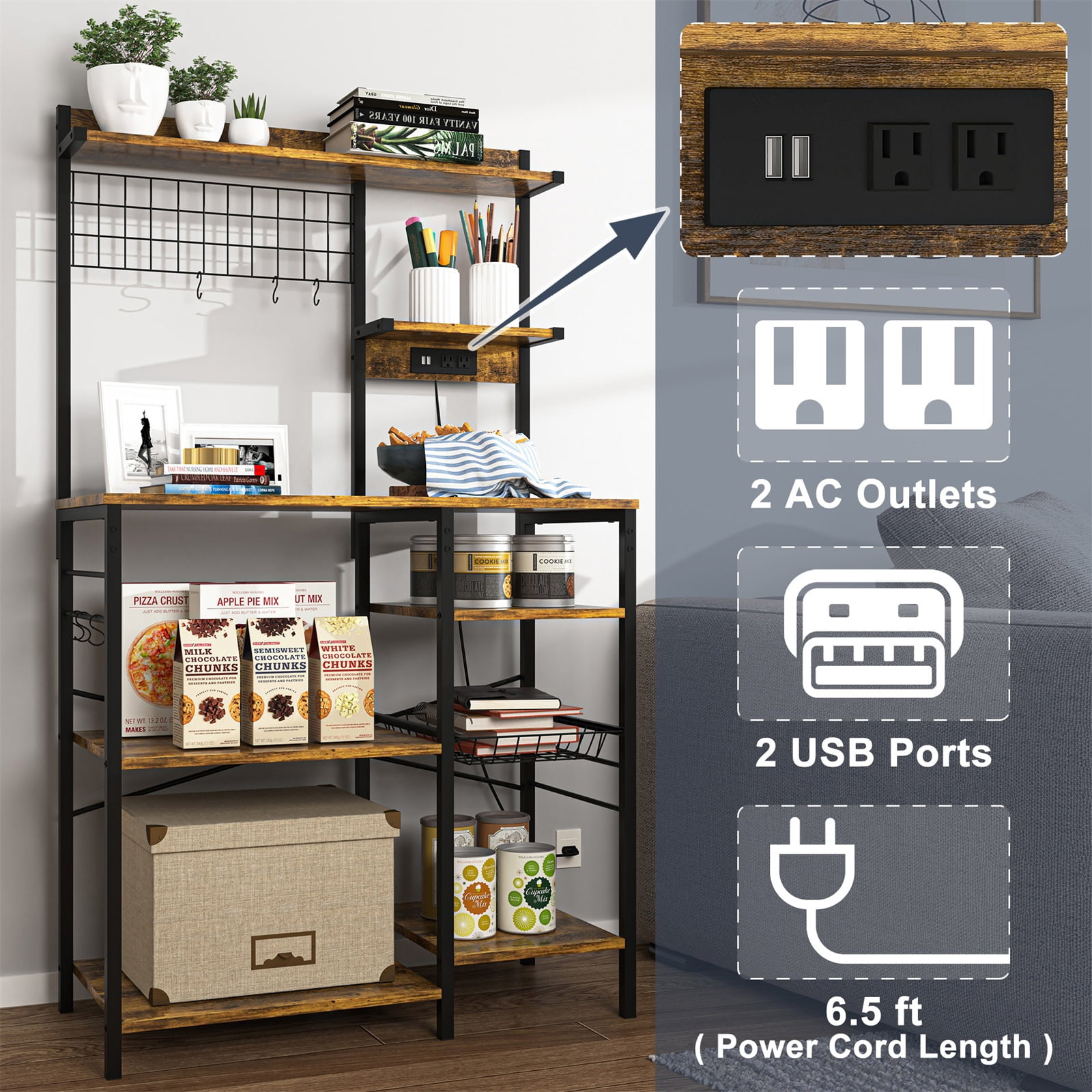 Hommoo Multipurpose Kitchen Storage Rack, Baker's Rack, Microwave Stand, Coffee Bar Station with Hooks and Wire Basket, Rustic Brown