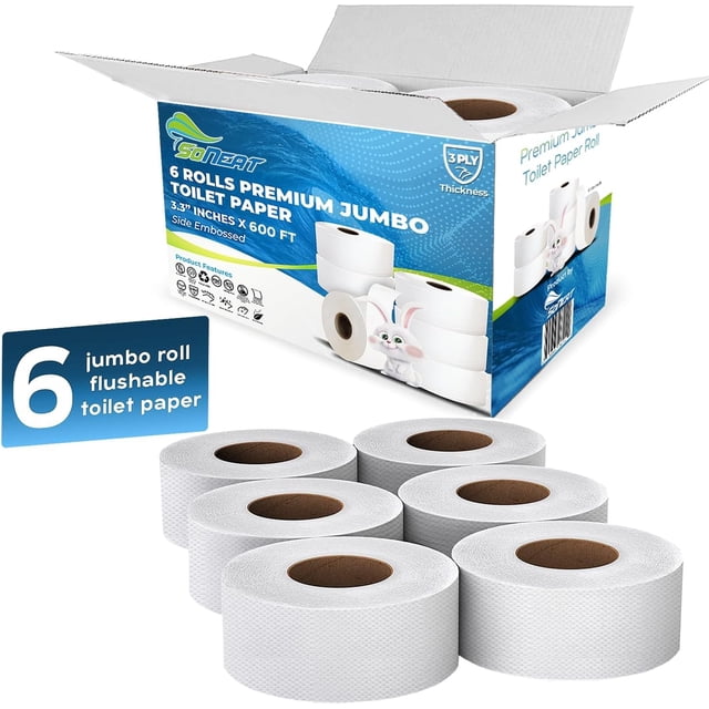 rollos de papel higiénico jumbo soneat de 3 capas, 600 m para dispensadores — caja abierta con seis rollos jumbo blancos; seis rollos en primer plano muestran el núcleo marrón y textura visible, caja azul con logo SoNeat y marcado de longitud, compatible con la mayoría de dispensadores y ideal para uso comercial; a menudo se usa también para reabastecer dispensadores en bodegas o eventos.