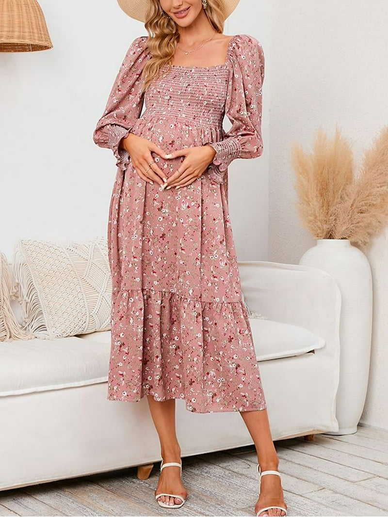 long sleeve floral maternity dress PinkBlush Cream Floral Smocked Long Sleeve Maternity Maxi Dress