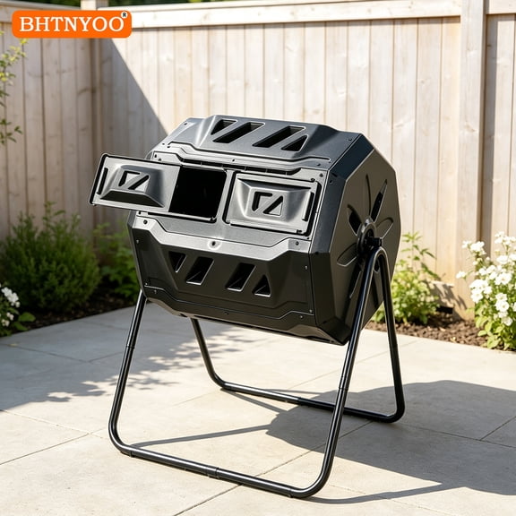 BHTNYOO Outdoor Tumbling Dual Chamber Composter, 43 Gallons, Large Capacity 360 ° Flip Composting Bin, All-Weather Design & Heavy-Duty PP/Steel Suitable For Yard, Garden, Kitchen