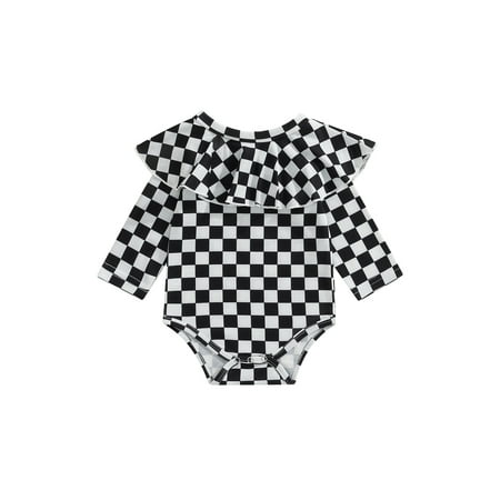 

Suanret Toddler Baby Boys Girls Spring Romper Long Sleeve Checkerboard Grid Flounce Layer Snap Triangle Jumpsuit Black 18-24 Months