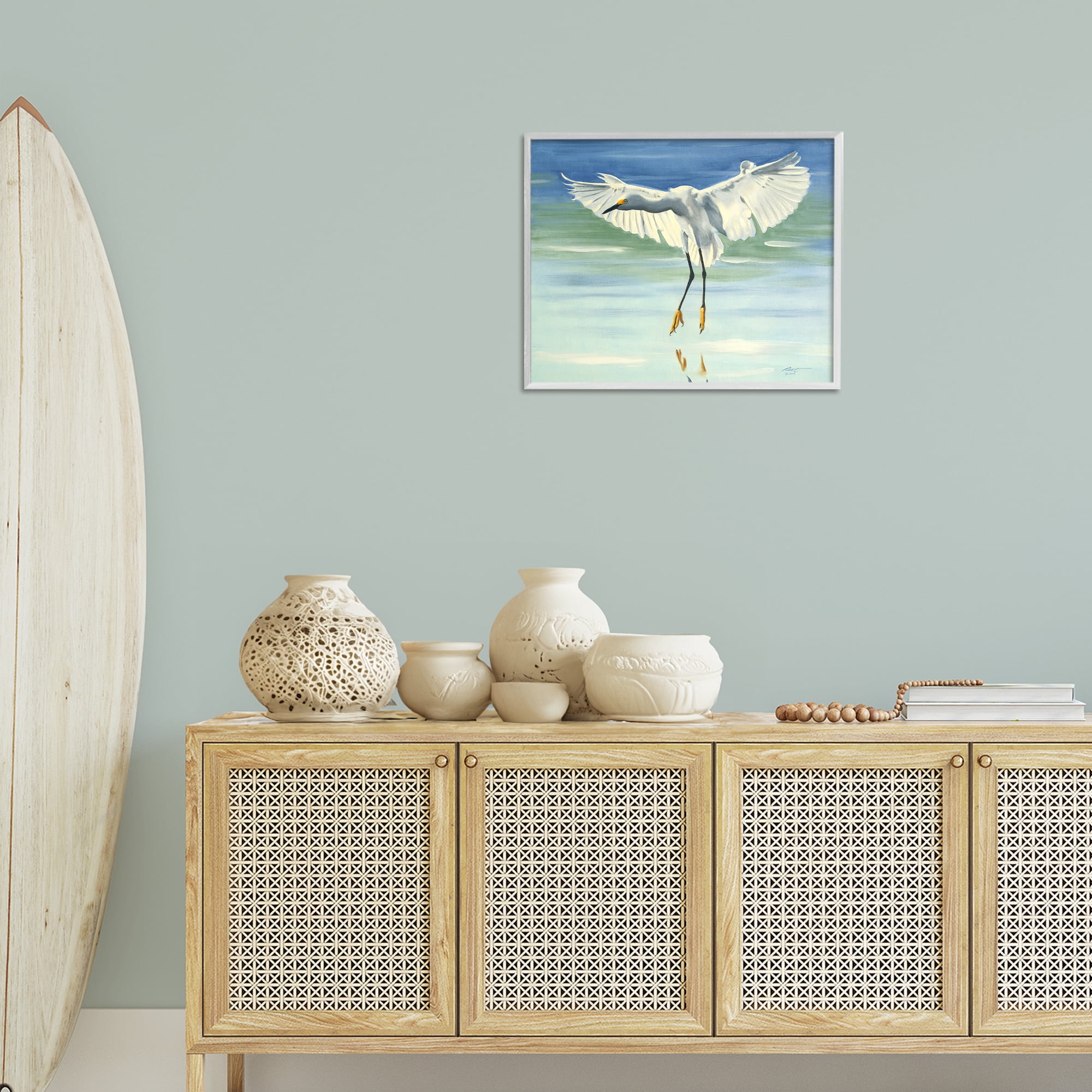 Stupell Industries Snowy Egret on Beach Animals & Insects Painting White Framed Art Print Wall Art, 20 x 16