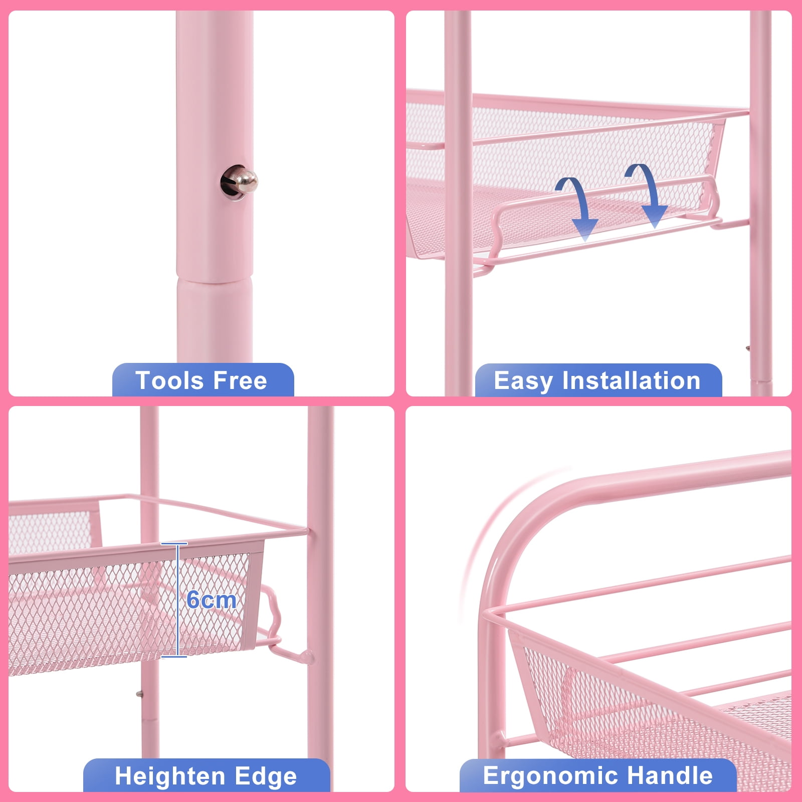 KK KINGRACK 3 Tier Rolling Cart Organizer, Mesh Cart with Wheels, Utility Cart for Office, School,Storage, Pink