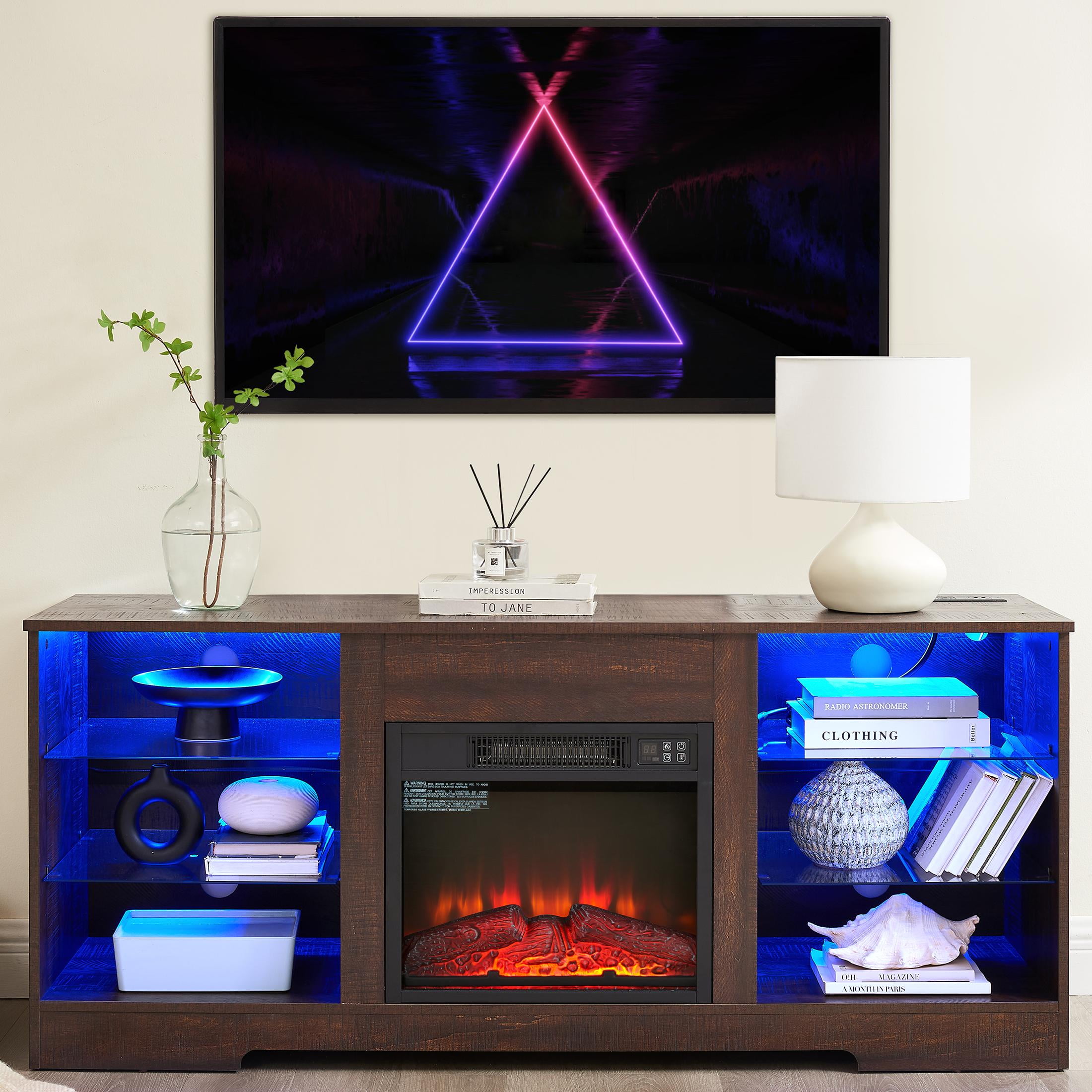 SESSLIFE Fireplace TV Stand for 65 Inch TV, Farmhouse TV Stand with Storage Shelves, Entertainment Center with 3D Flame Electric Fireplace Heater, Espresso