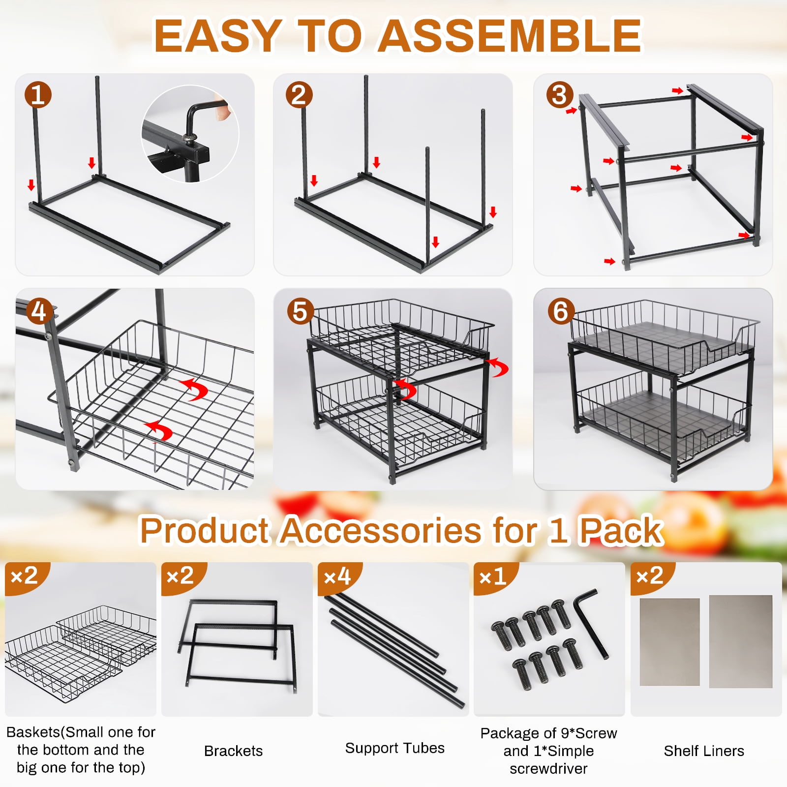 NUBILY Under Sink Organizer 2 Tier Pull Out Rustproof Sliding Drawer for Kitchen Bathroom Cabinet Black