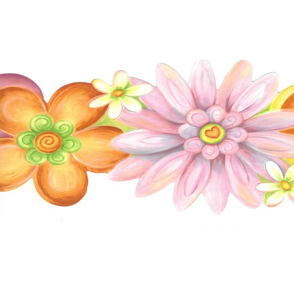 Prepasted Wallpaper Border - Floral Yellow, Pink, Purple, Green Flowers, Hearts Scalloped Wall Border Retro Design, 15 ft x 5.5 in (4.57m x 13.97cm)