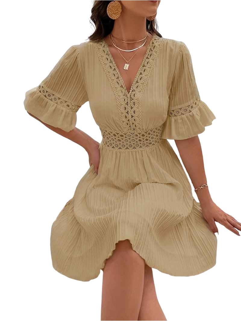 Women'S Boho Mini Dress V Neck Lace Wedding Guest Dress Smocked Waist Bohemian Mini Flowy Dresses Khaki XL
