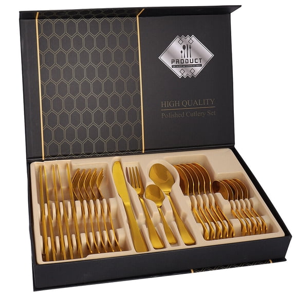 TOPCHANCES 24 Piece Flatware Set with Box, Stainless Steel Utensils Silverware Set, Service For 6, Gold
