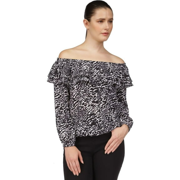 Michael Kors Womens Animal Print Off the Shoulder Blouse, Black, Small