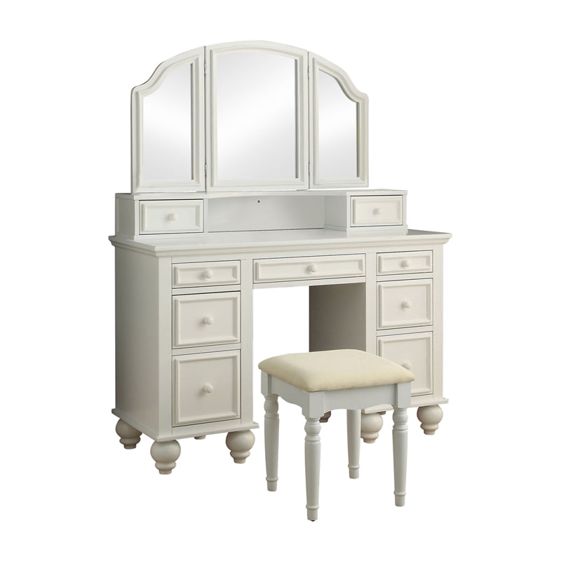 Tri-fold Mirror and 4 Drawers Carved Storage Modern Vanity Makeup Desk Bedroom Furniture L75 x D40 x H136cm White Wooden Dressing Table Set with Stool