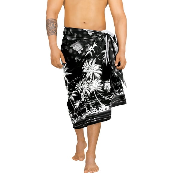 HAPPY BAY Men's Bath Trunk Swimsuits Sarong Pareo Beach Wrap One Size Black-T411 Summer Vacation Aloha
