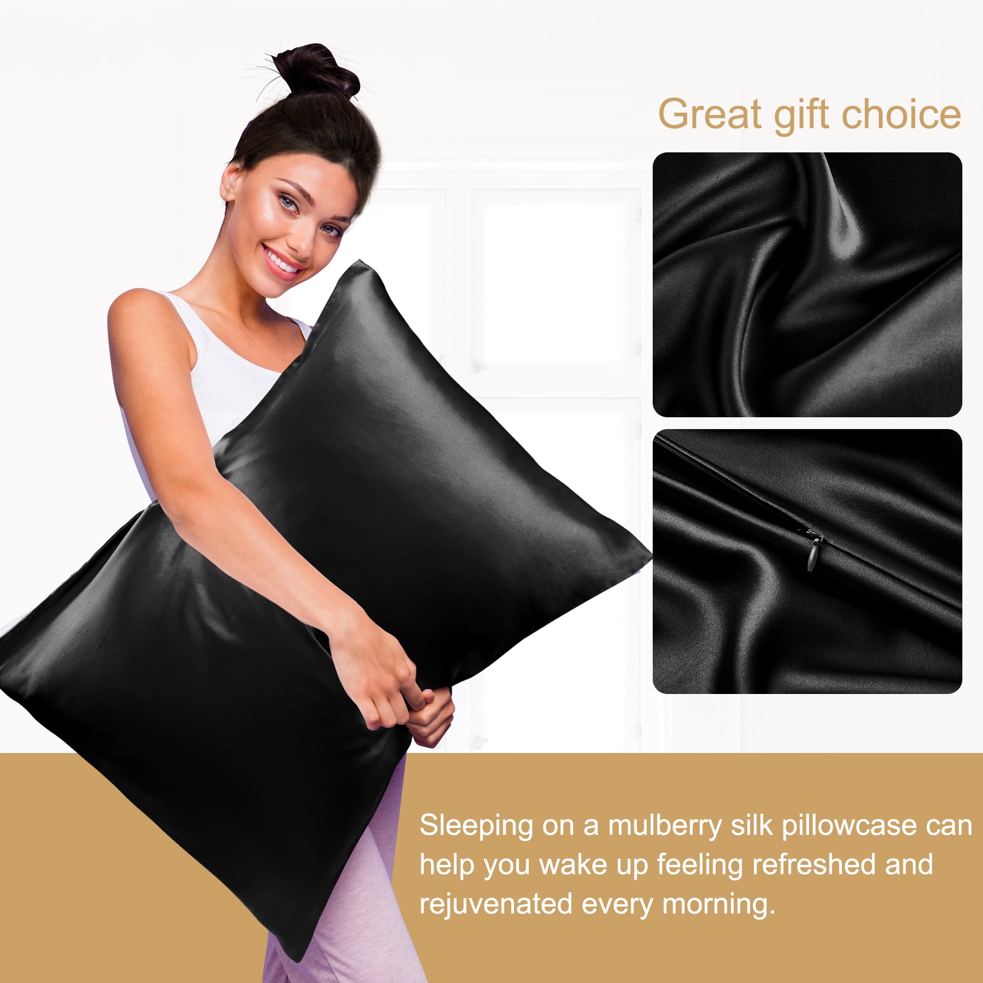 REGALWOVEN Pure Silk Pillowcase with Zipper, Standard(20"x26"), Black, 1 Piece