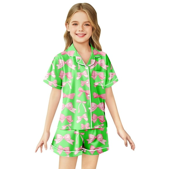 Toddler Girls Silk Pajamas Set Bowknot Printed 2 Piece Short Sleeve Button-Down Top Shorts Set Girls Summer Clothes 2T Girl Pajamas