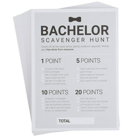 Bachelor Party Games - 50-Pack Bar Scavenger Hunt Drinking Game and Dares, Fun Novelty Cards for Boys Night Out, Bachelor Party Supplies, 5 x 7 Inches