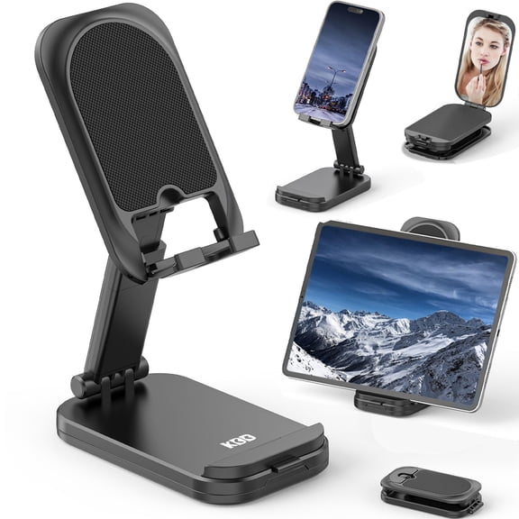 KDD Cell Phone Stand for Desk, Foldable Phone Stand Adjustable Angle and Height with Small Mirror