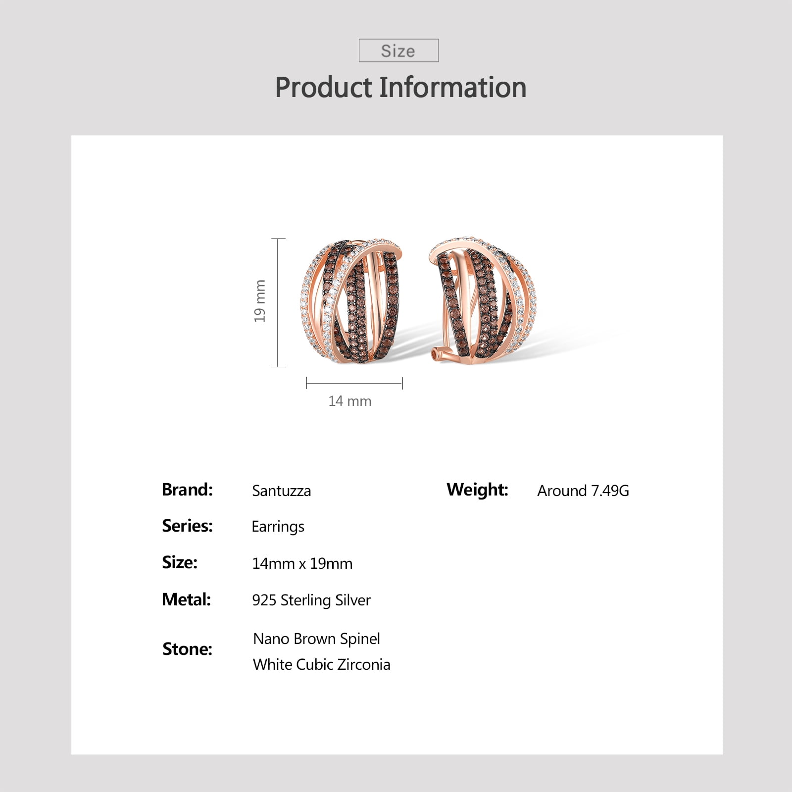 Santuzza 925 Sterling Silver Twisted Earrings Nano Brown Spinel White Cubic Zirconia Omega Back Earrings for Women