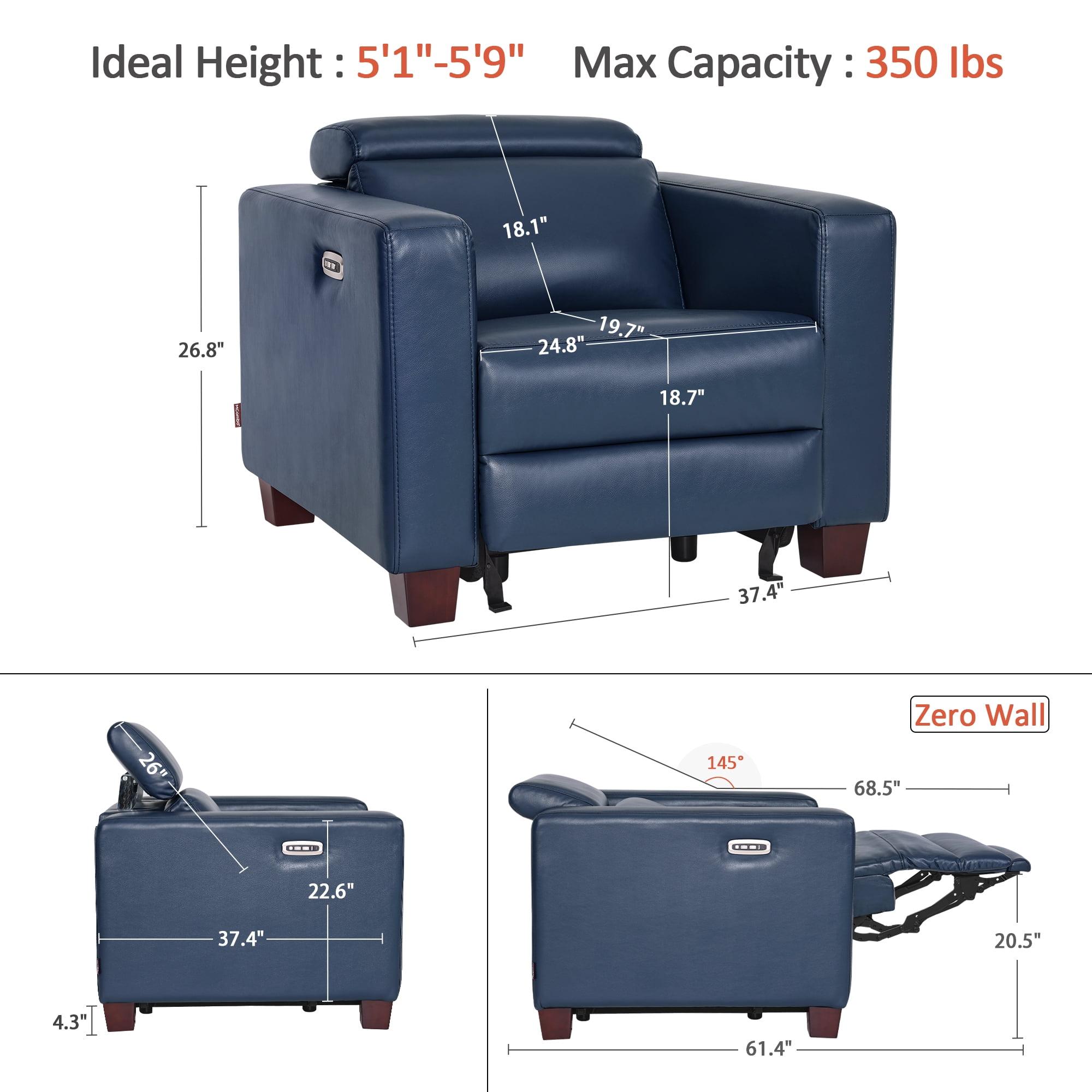 MCombo Wall-Hugger High Leg Power Recliner Chair with Adjustable Headrest and USB&Type C Dual Charge Ports for Living Room, Office, and Small Spaces (Faux Leather, HL128) (Blue)