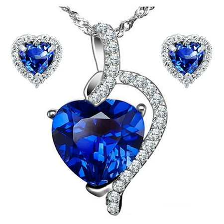 Blue Gem Heart - 4.10 Carat TCW Heart Cut Gemstone Created Blue Sapphire 925 Sterling Silver Necklace Pendand & Earrings 3 Pieces Jewelry Set