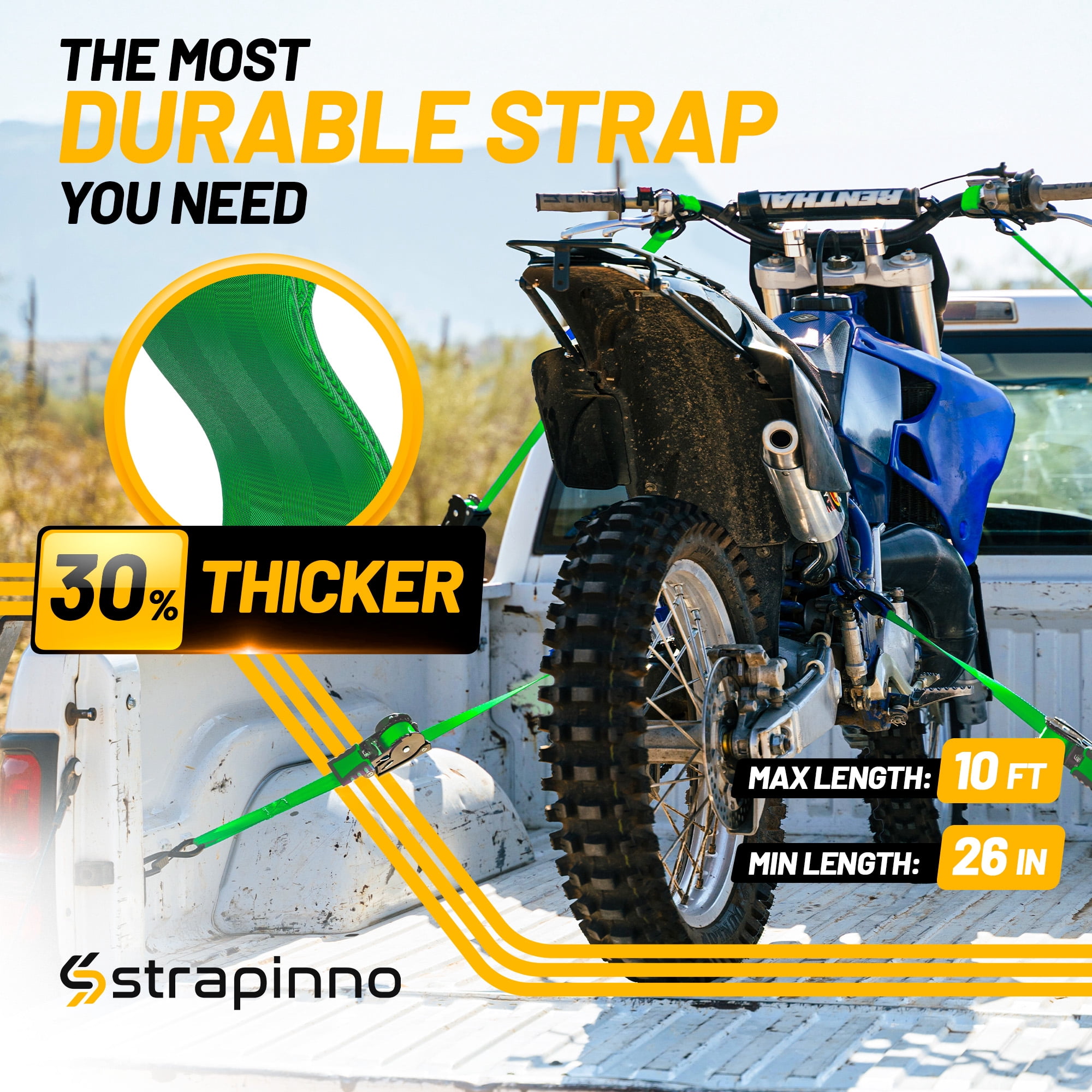 Strapinno Retractable Ratchet Straps 1 in x10ft, with Rubber-Coated Handles, S-Hooks, Secure Cargo Tie-Downs for Motorcycles, Bikes & Daily Use, Breaking Strength -1,500LBS/680KG (4 PK, Green)