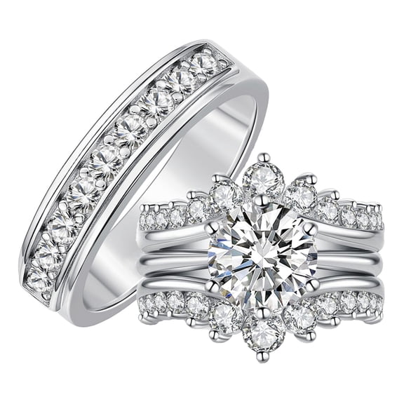 SFTING Wedding Rings Set for His and Her Moissanite 3pcs Engagement Promise Ring Silver 18K Plated Couple Wedding Rings Women Mens Band D Color VVS1 Size 9&7