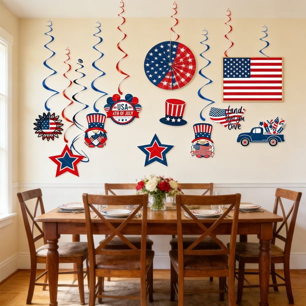 Conjunto de decoraciones patrióticas para el 4 de julio: guirnaldas colgantes con la bandera de EE. UU., banderines estrellados para fiestas del Día de la Independencia, decoración patriótica