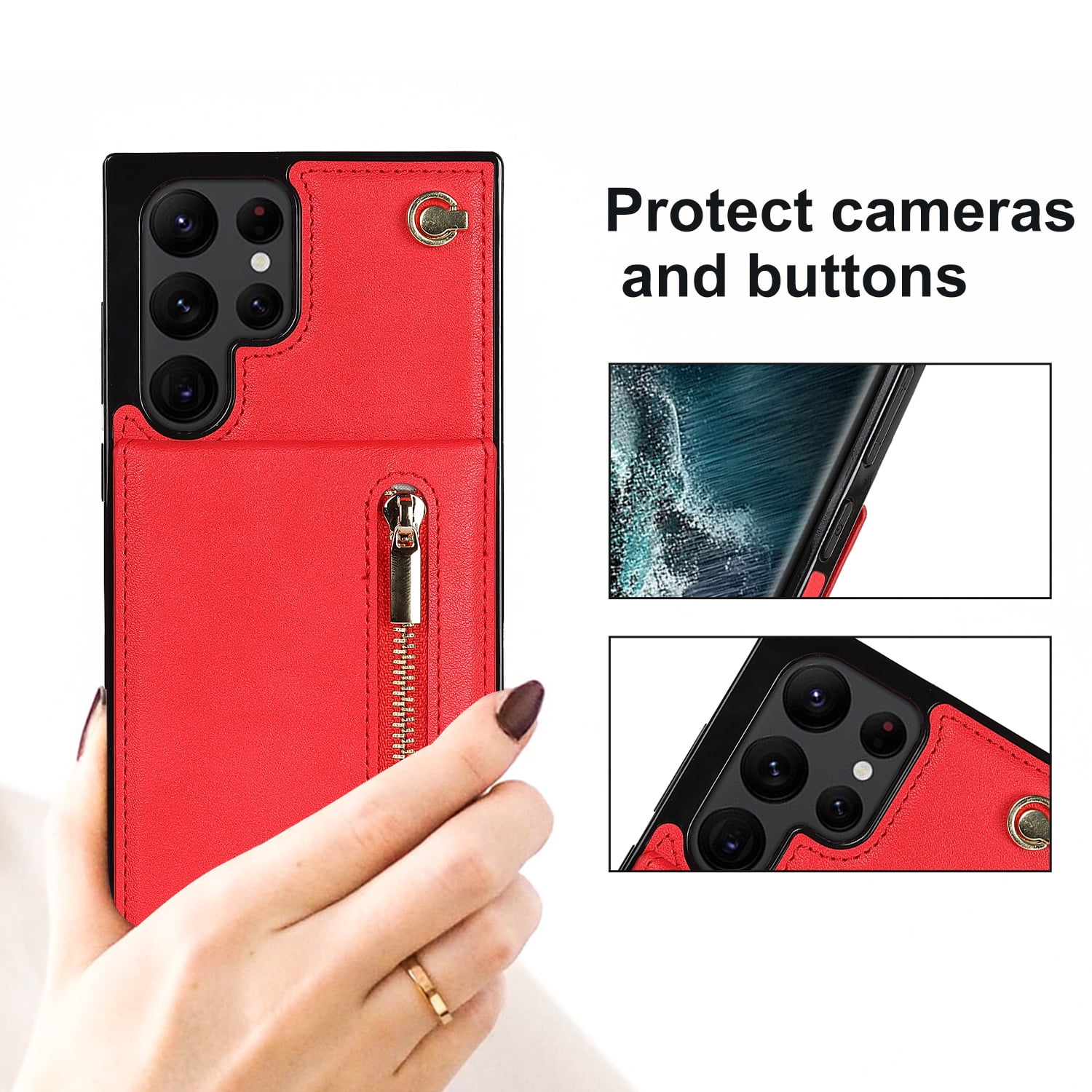Dteck Flip Leather Wallet Case for Samsung Galaxy S24 Ultra, Crossbody Wallet Case with Credit Card Holder Zipper Pocket Lanyard Shoulder Strap, Kickstand Phone Cover for Samsung S24 Ultra,Red