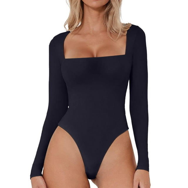 YDLCAFD New Square Neck Long Sleeve Sexy Double Layered Button Down Jumpsuit Solid Color Jumpsuit Base Layer S