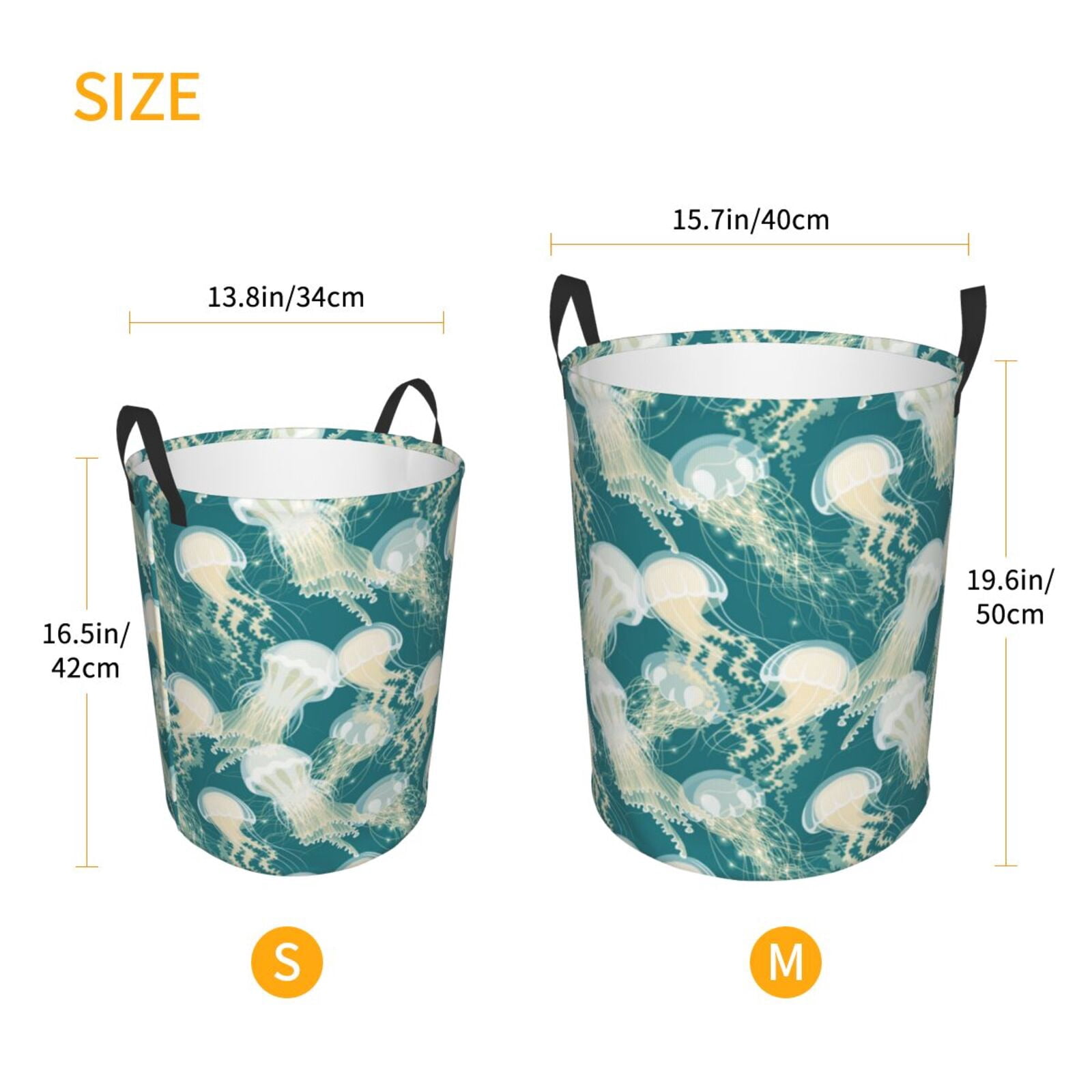 Large Laundry Basket with Handles - White Jellyfish Print Green Kids Baby Dirty Clothes Laundry Hamper for Bedroom Aesthetic